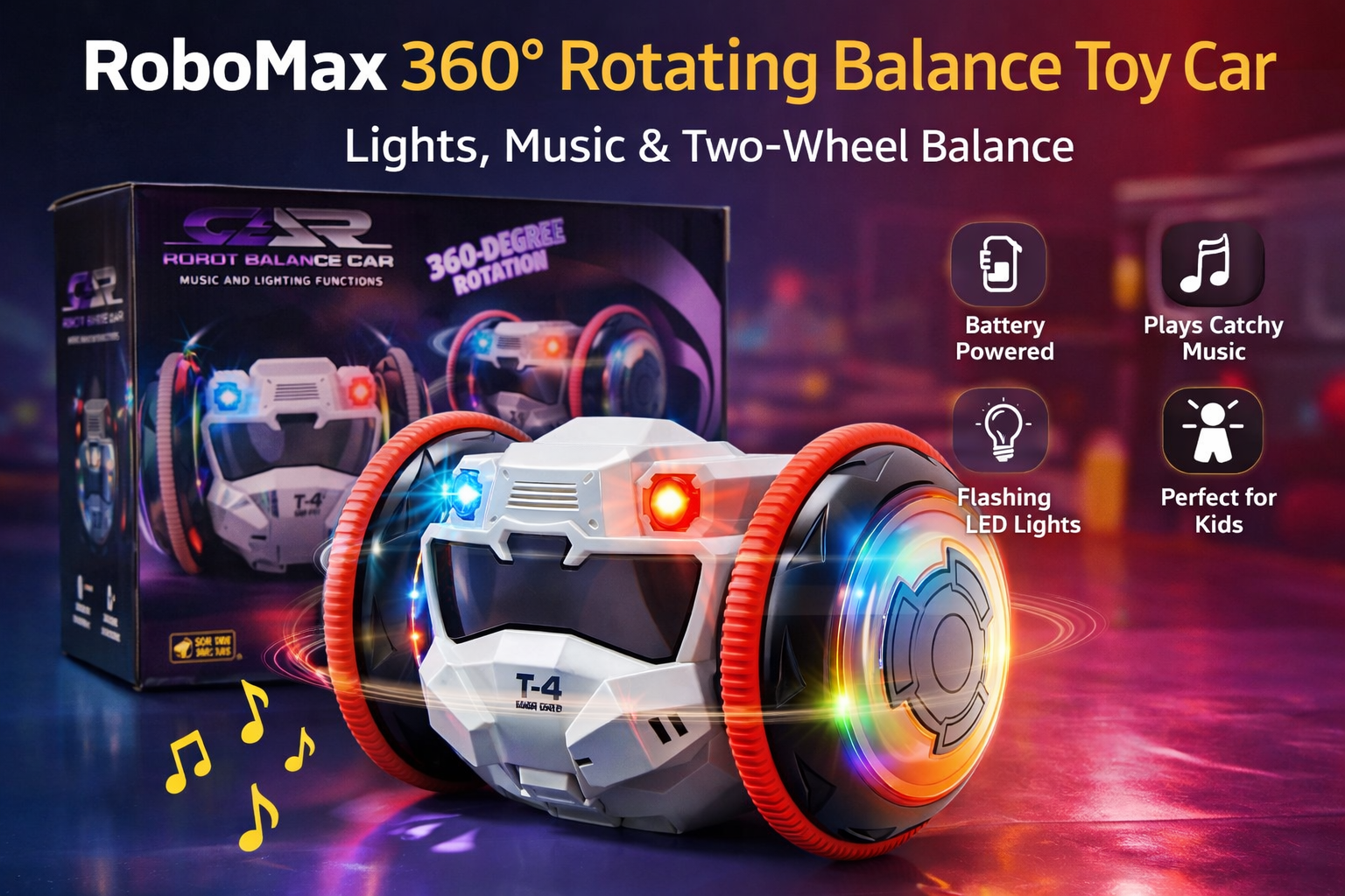 RoboMax 360° Rotation LED Balance Toy Car for Kids