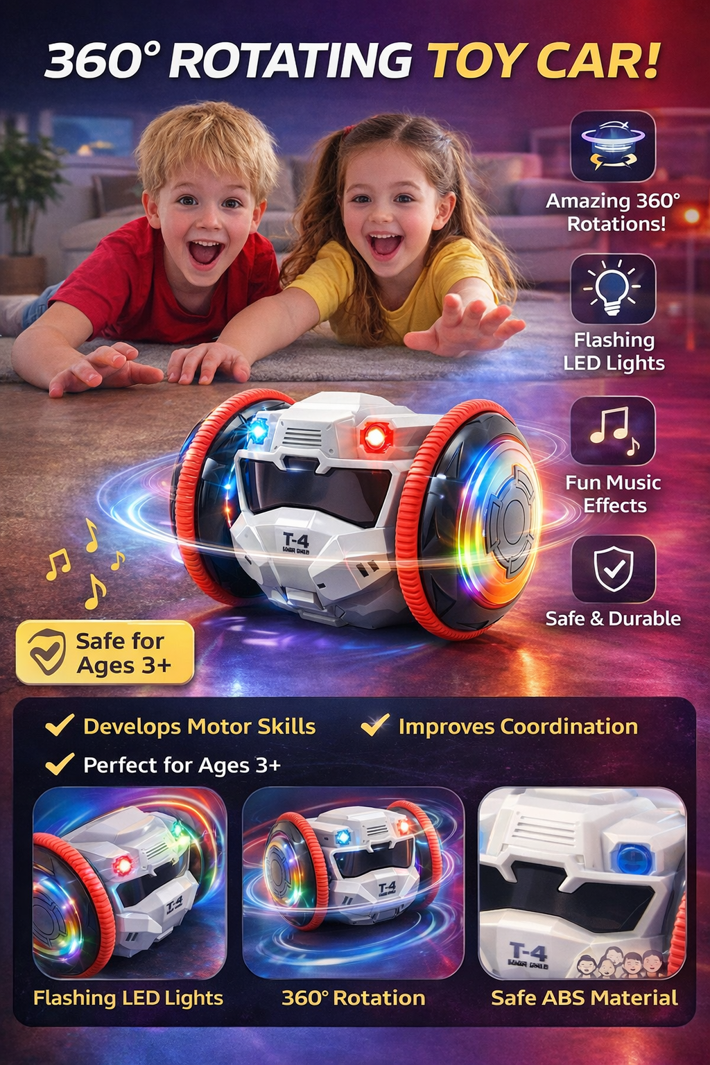RoboMax 360° Rotation LED Balance Toy Car for Kids